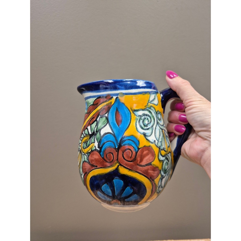Mexican Talavera Style Pottery Pitcher 6" Hand Painted Folk Art Ceramic Decor